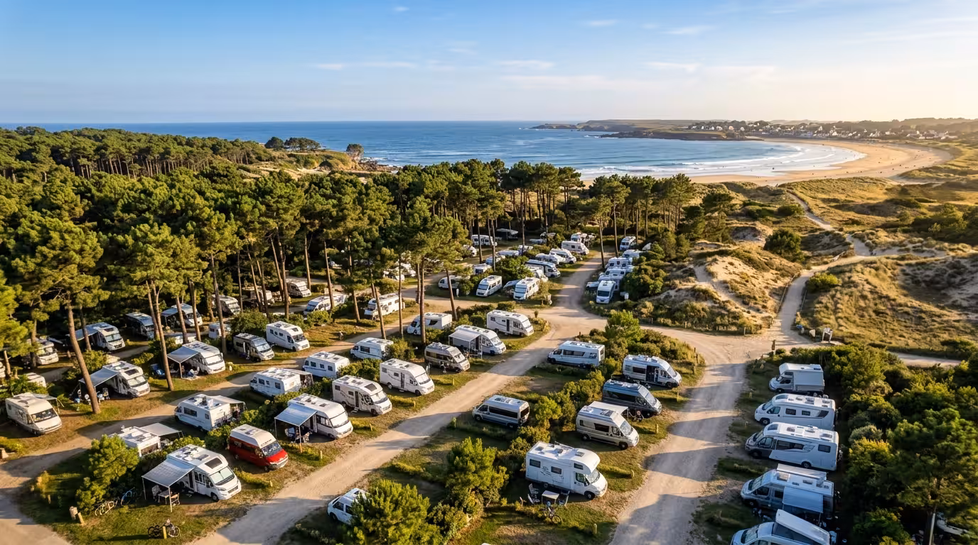 Aire camping-car entourée de pins et dunes avec vue côtière, ambiance détente