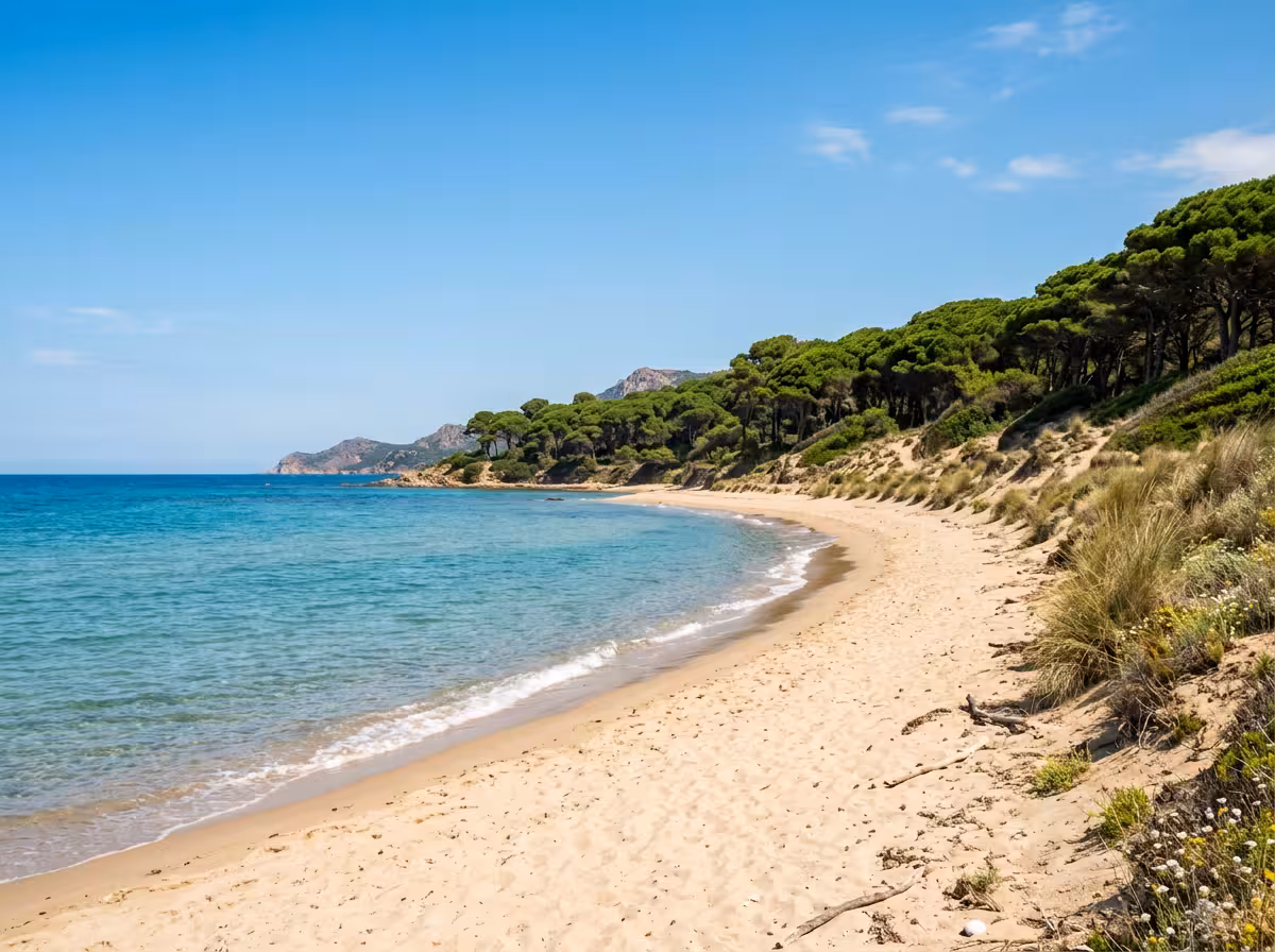 Plage côtière avec eaux turquoises et pins, idéale pour baignade
