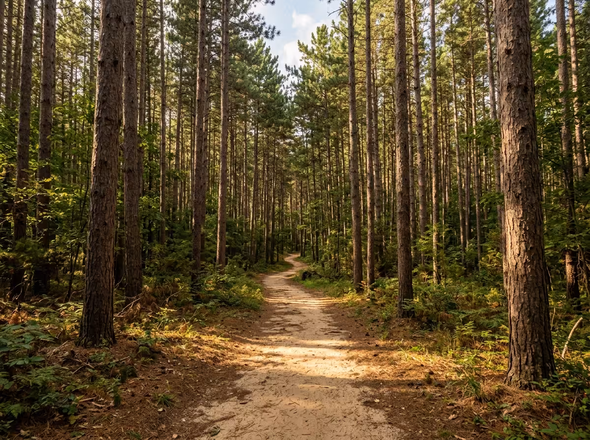 Sentier forestier ombragé en forêt de pins du sud-ouest