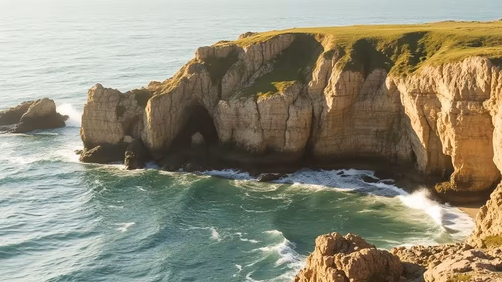 Côte rocheuse bretonne baignée de lumière dorée, eaux claires turquoise