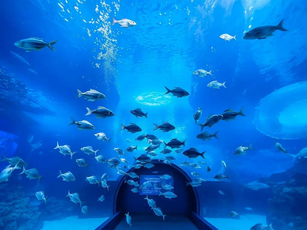 Bassin d'aquarium éclairé de bleu avec poissons et raies en exposition