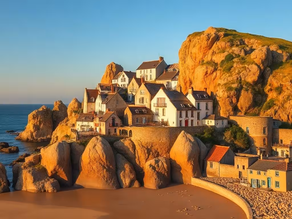 Village côtier de Trégastel avec ses rochers roses et maisons bretonnes