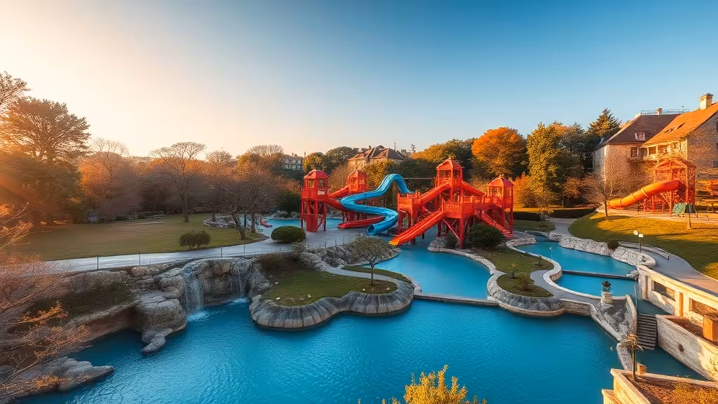 Vue générale du parc Armoripark avec ses structures accrobranche et ses bassins de jeux d'eau, Bretagne.