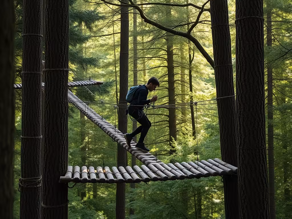 Jeune grimpeur sur circuit accrobranche du parc Armoripark suspendu entre arbres et cordes.