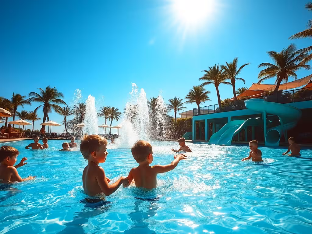 Bassin de jeux d'eau du parc Armoripark avec glissades et structures colorées lors d'une journée estivale.