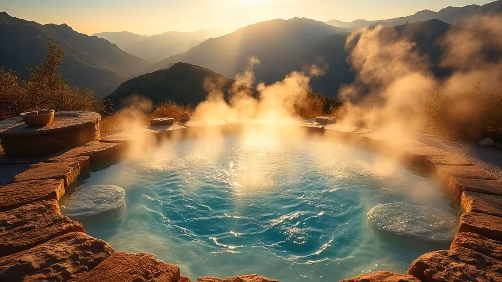 Bassin thermal outdoor corse avec eau minérale turquoise, vapeur et lumière dorée