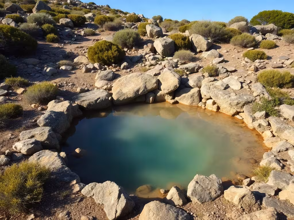 Petit bassin thermal corse isolé entouré de maquis et rochers sauvages