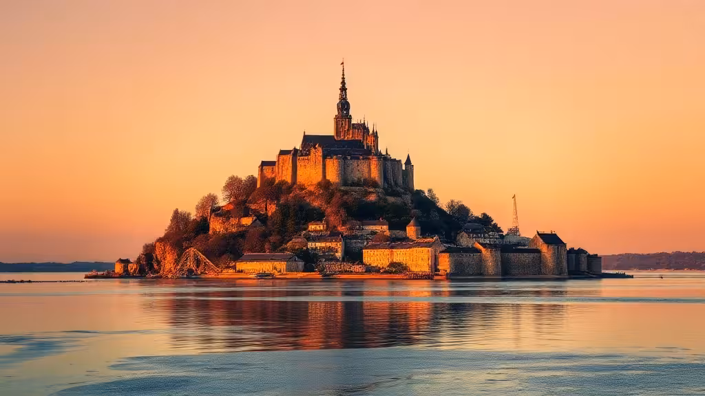 La basilique du Mont-Saint-Michel couronnant le rocher, éclairée par la lumière dorée du coucher de soleil.