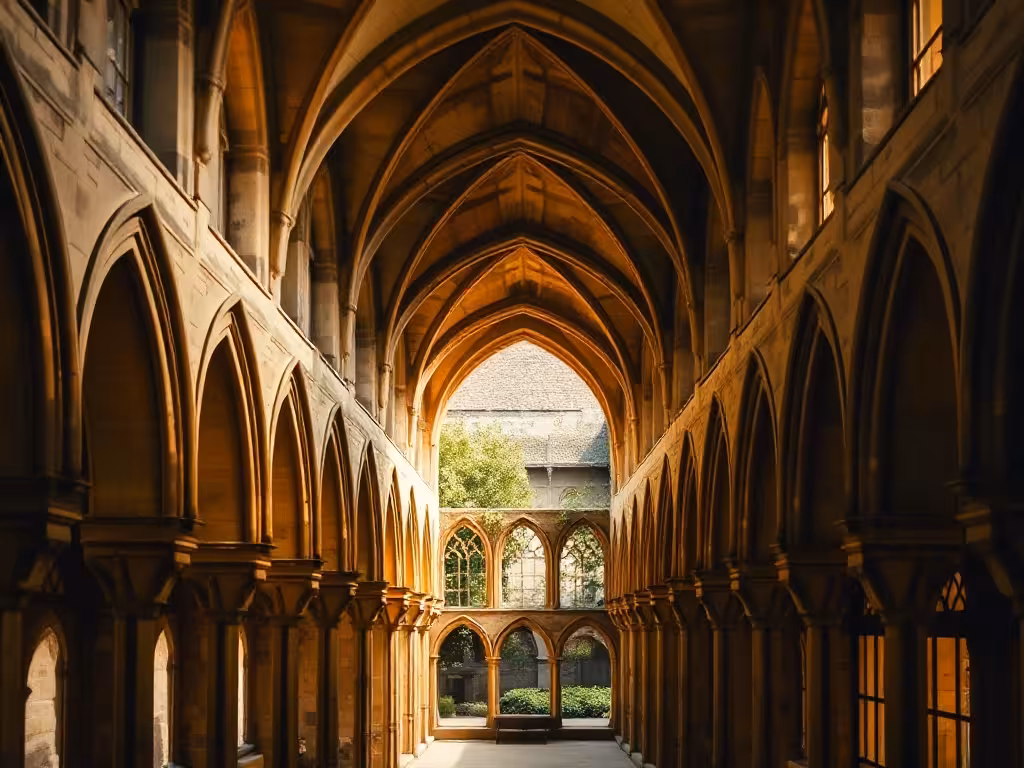 Cloître de pierre de l'abbaye du Mont-Saint-Michel avec ses galeries romanes.