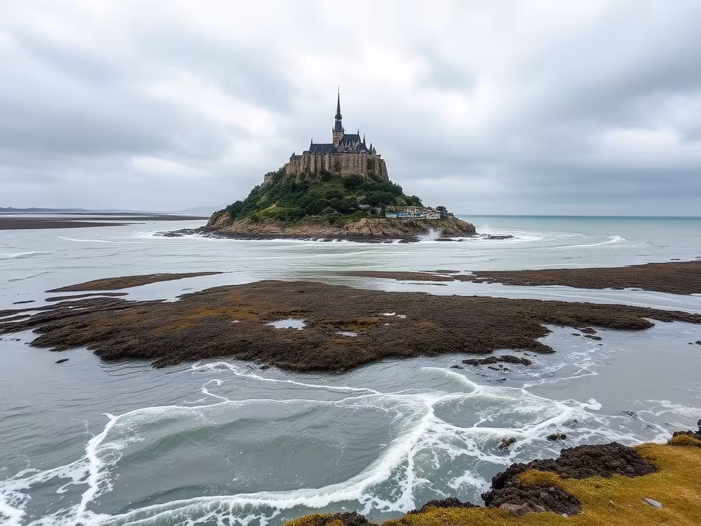 Baie du Mont-Saint-Michel lors de la montée des eaux, montrant la marée montante en action.
