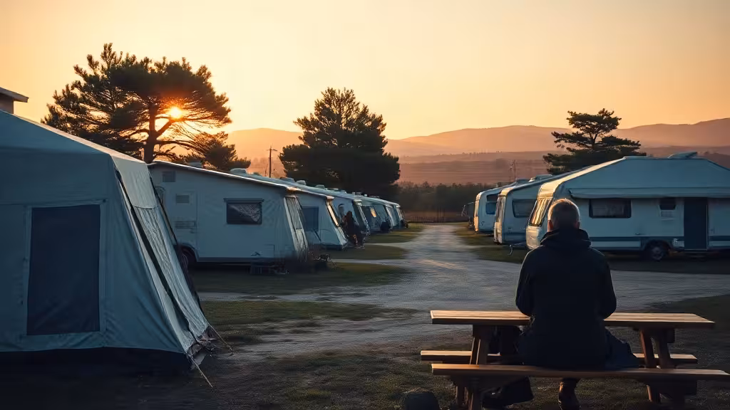 Camping en France au coucher du soleil pour illustrer un avis Camping and Co.