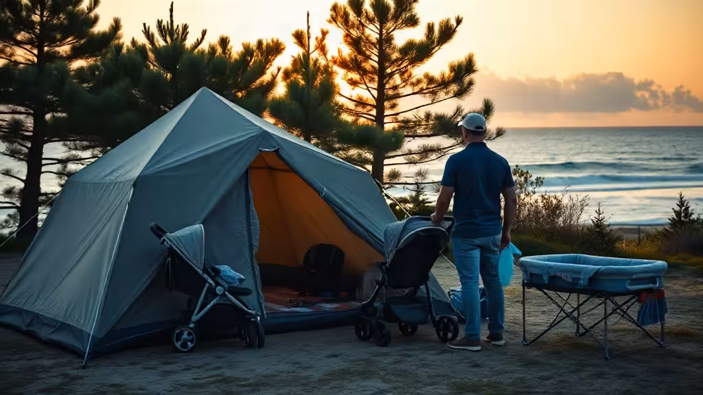 Camping avec bébé sous une tente familiale dans un camping arboré près de la côte française.