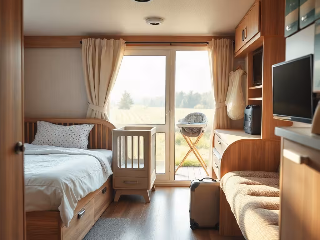Mobil-home équipé pour un séjour en camping avec bébé, avec lit parapluie et chaise haute.