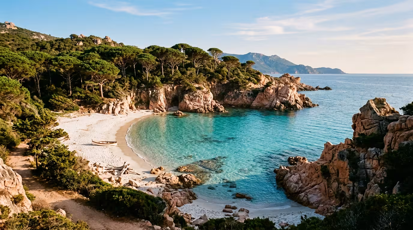 Criques turquoise de Corse avec pins parasols et rochers rose, lagon naturiste emblématique
