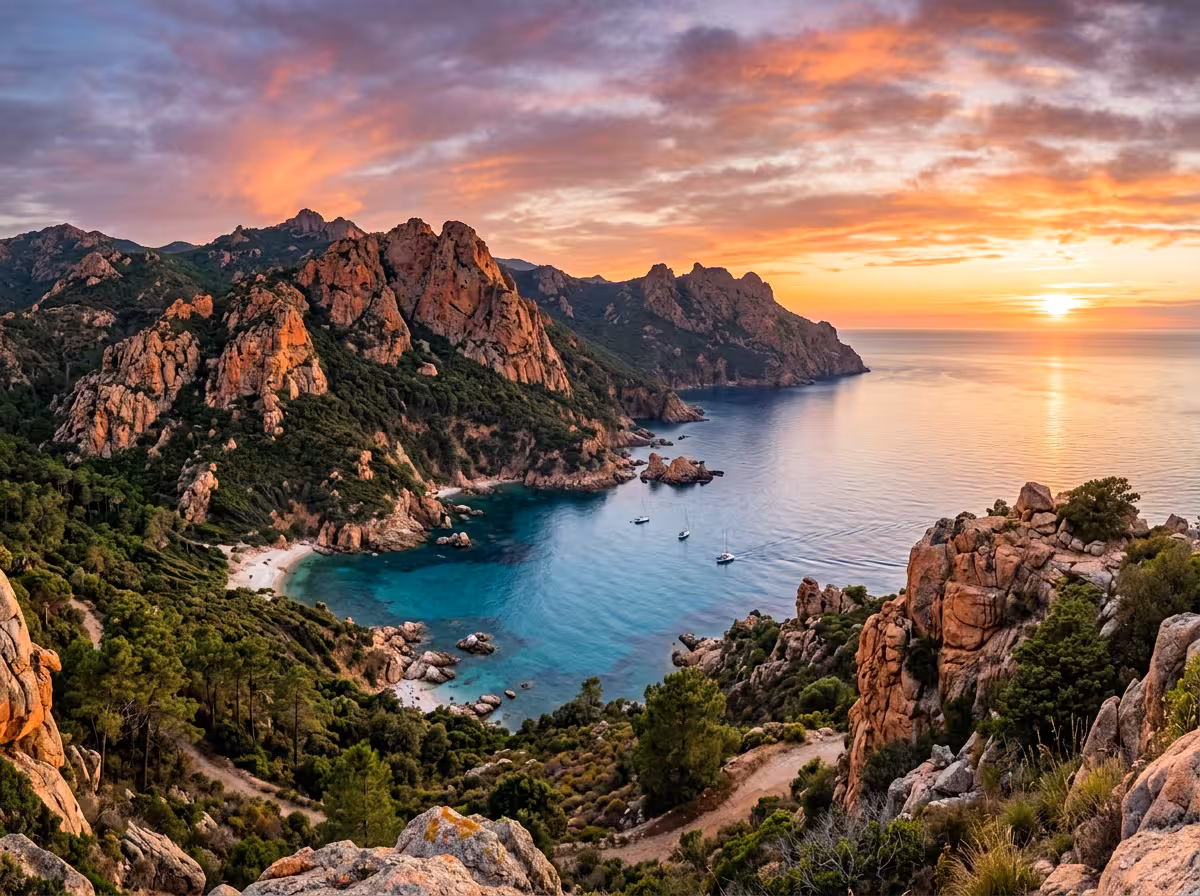 Côte rocheuse corse avec falaises granitiques dominant une baie turquoise, paysage côte orientale
