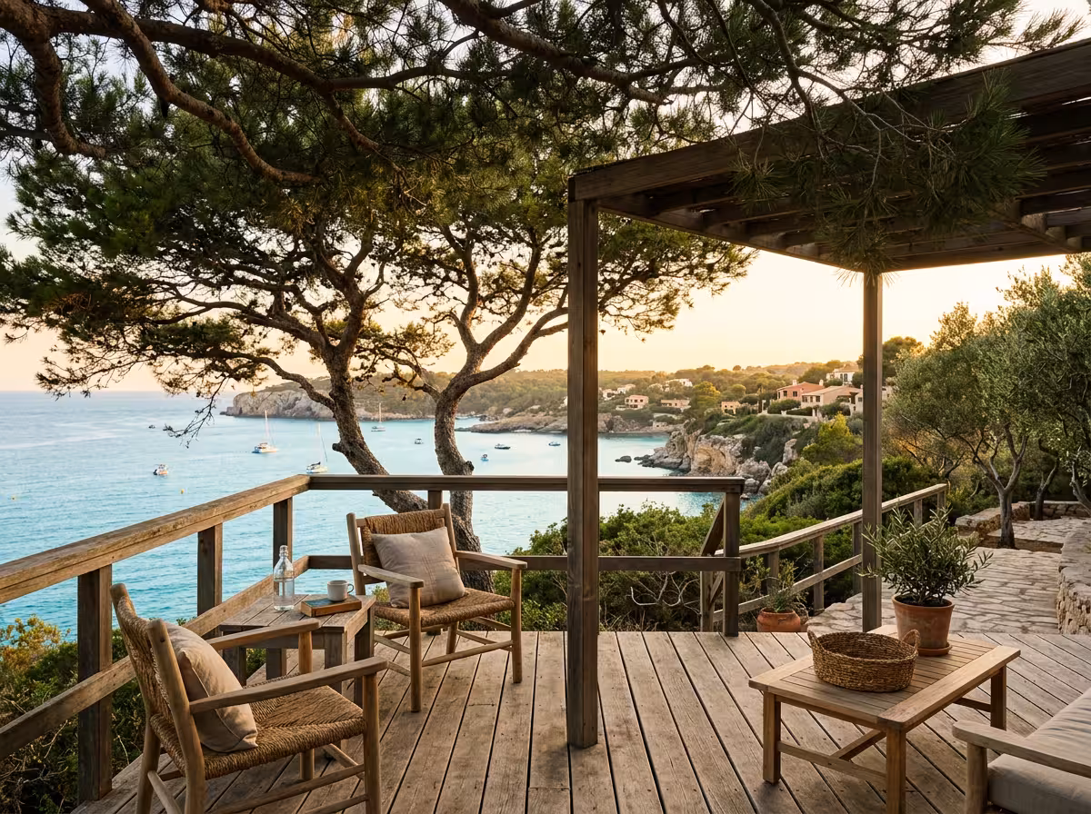 Terrasse naturiste avec vue sur baie turquoise et pins parasols, accueil domaine corse