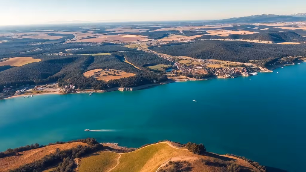 Vue aérienne de la France montrant la diversité des paysages régionaux : côtes méditerranéennes turquoise, vallées vertes et villages perchés