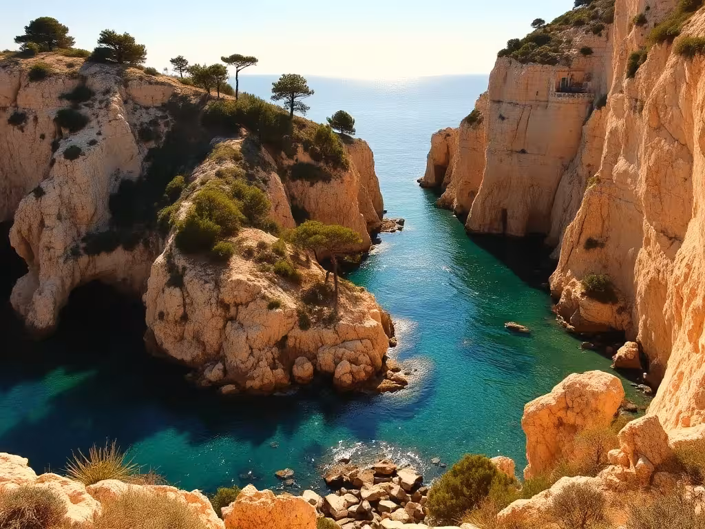 Calanque méditerranéenne avec falaises calcaires et eaux turquoise, paysage typique du littoral provençal