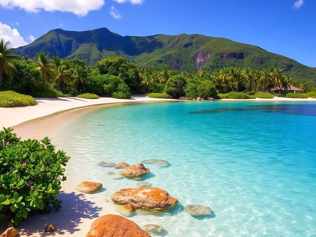 Plage tropicale avec lagon turquoise et végétation luxuriante, paysage type des départements français d'outre-mer