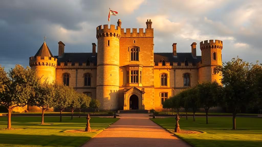 Château d'Hardelot vu de jour avec ses tours gothiques, jardins et allée d'accès