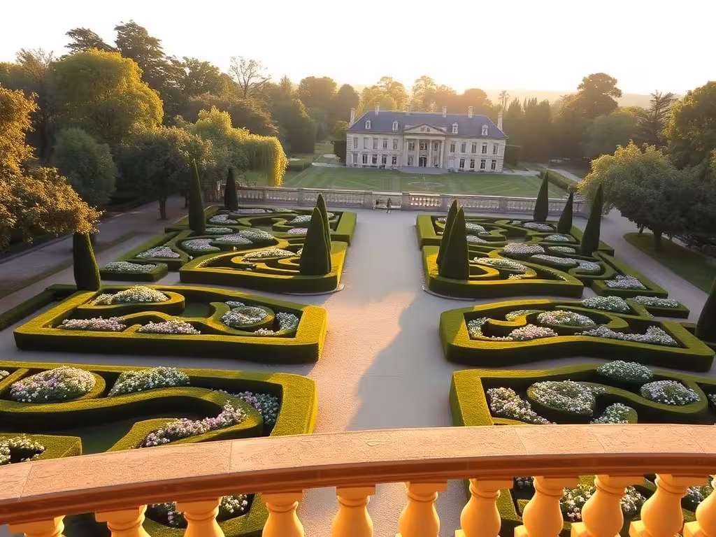 Jardins ornementaux du château d'Hardelot avec haies taillées et sentiers ombragés