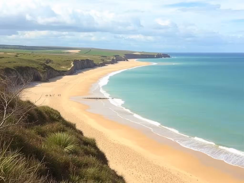Plage de Hardelot-Plage avec sable doré, falaises vertes et eaux turquoise de la Côte d'Opale