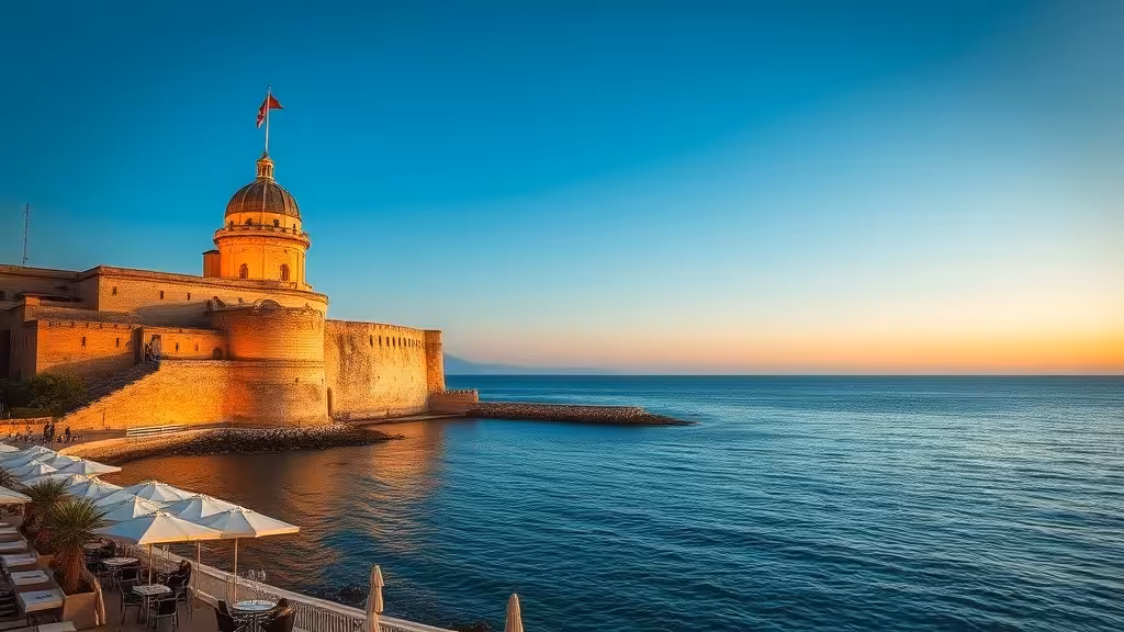 Vue panoramique de la citadelle de Bastia depuis le vieux port, mer Méditerranée et remparts en pierre ocre