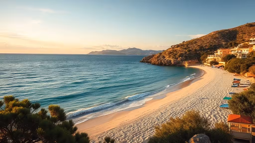 Plage turquoise de Porticcio en Corse, baie d'Ajaccio au coucher de soleil