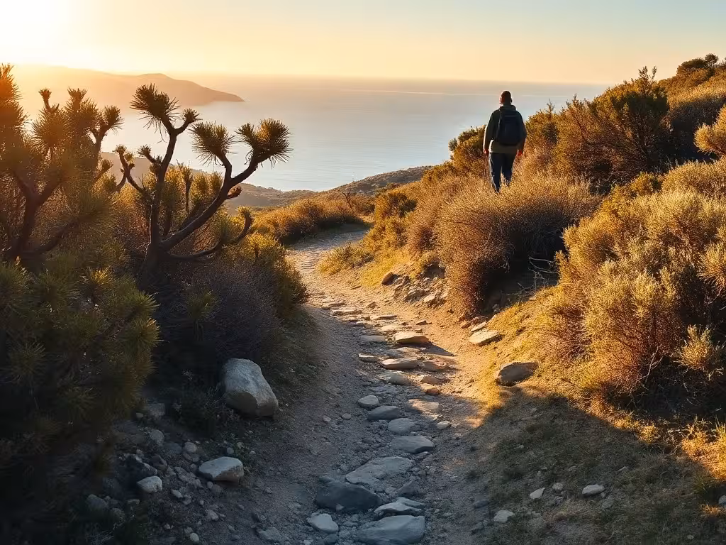 Sentier de randonnée du maquis corse surplombant la Méditerranée près de Porticcio