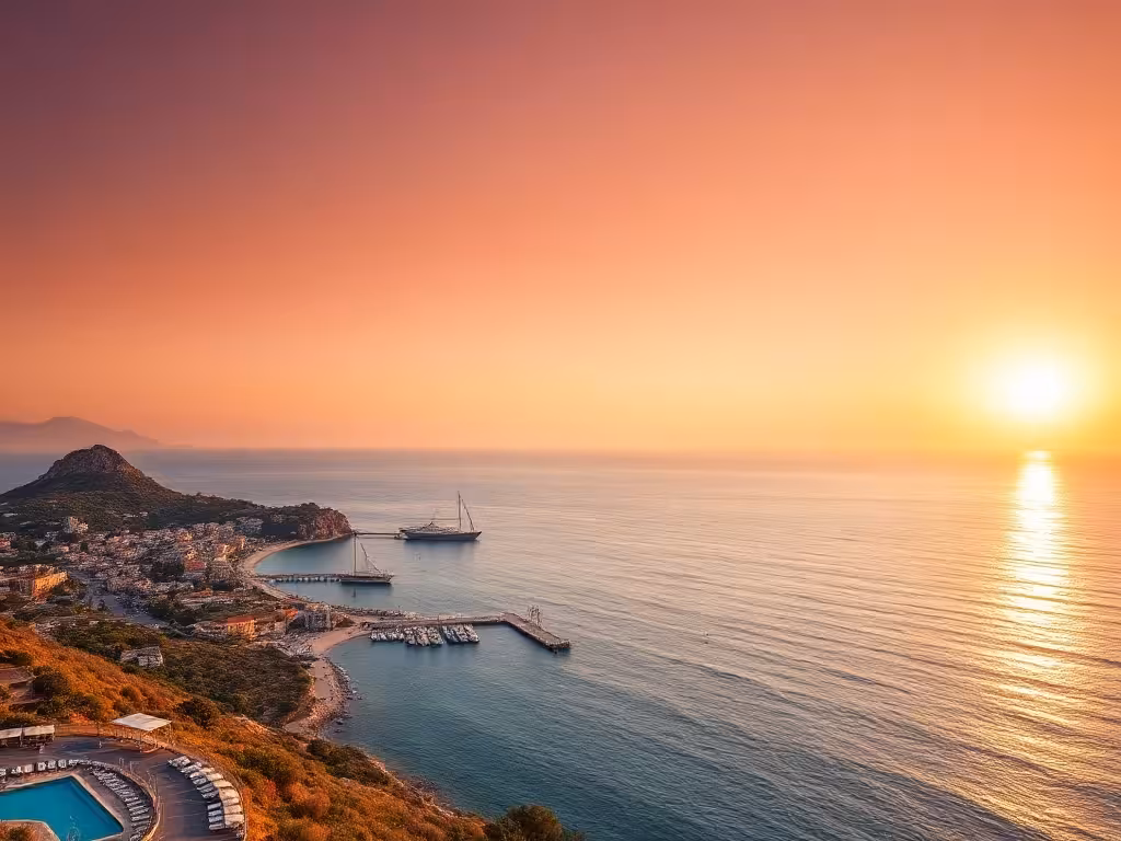 Coucher de soleil sur la baie d'Ajaccio et la côte de Porticcio, lumière dorée méditerranéenne