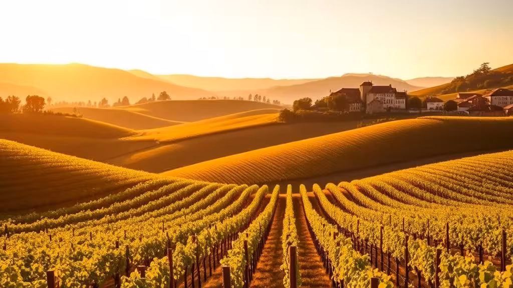 Vignobles de Bourgogne et collines de Côte-d'Or sous la lumière dorée du coucher de soleil