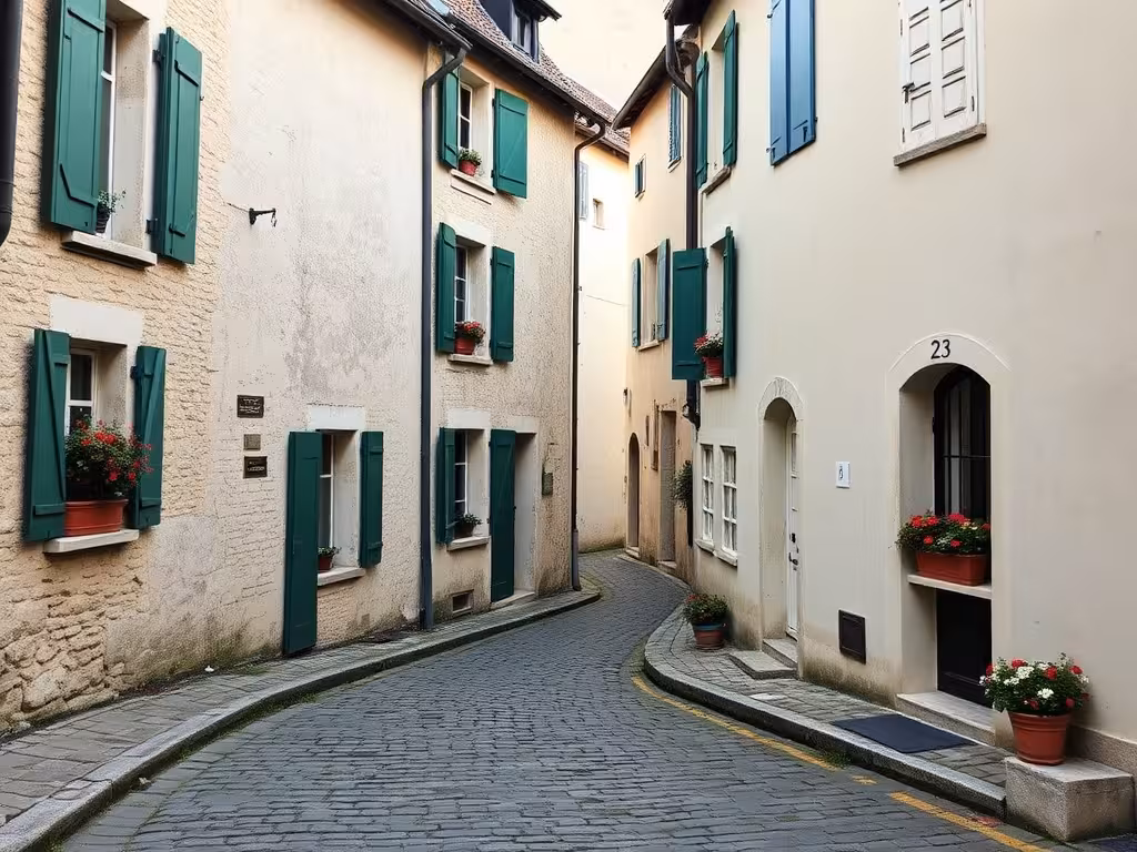 Rue pavée d'un village traditionnel bourguignon en Côte-d'Or avec maisons en pierre