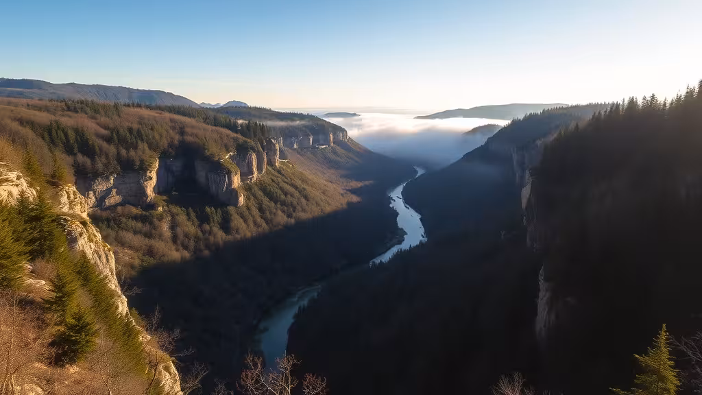 Vue panoramique des gorges du Saut du Doubs au coucher de soleil, département 25 Doubs
