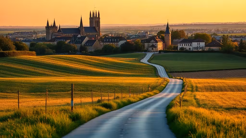 Eure-et-Loir, vue d’ensemble entre Chartres et les plaines de Beauce au soleil couchant