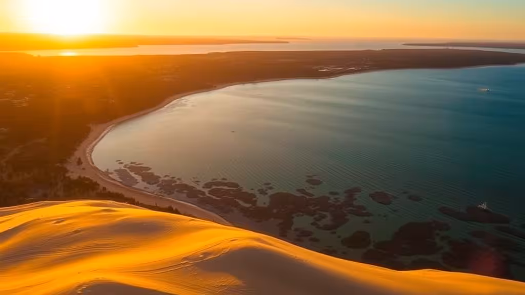 Vue aérienne du bassin d'Arcachon au coucher de soleil depuis les dunes de Pyla, montrant les eaux turquoise et les forêts de pins du département 33