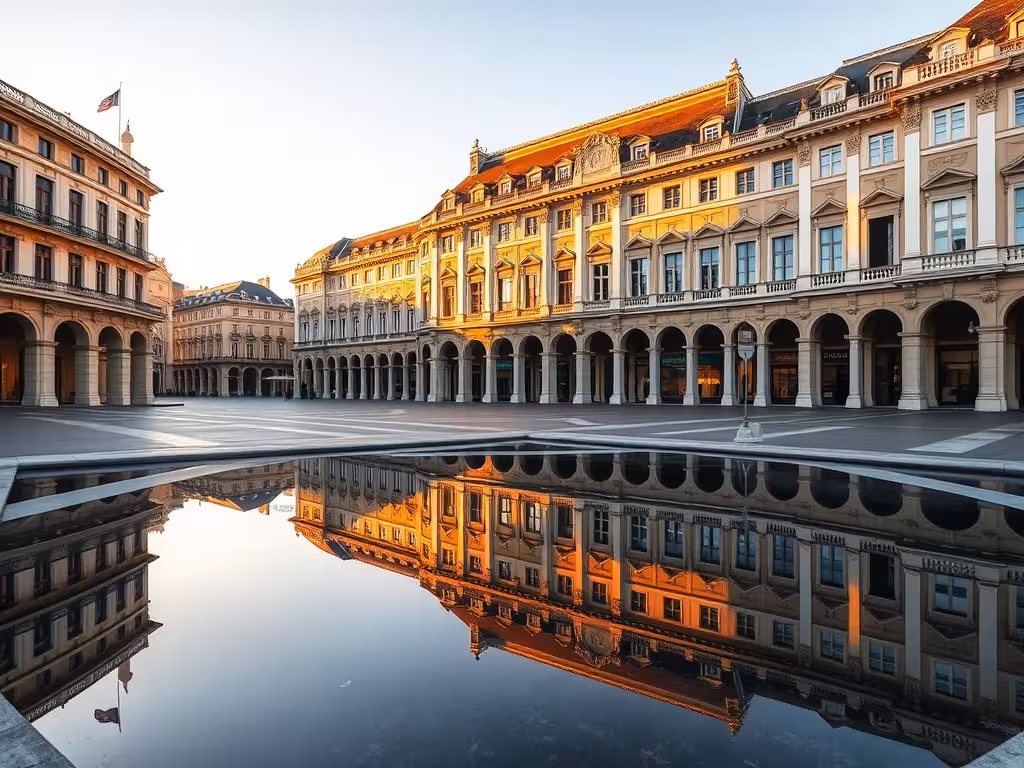 Place de la Bourse de Bordeaux avec ses façades classiques reflétées dans le miroir d'eau, architecture emblématique de la Gironde