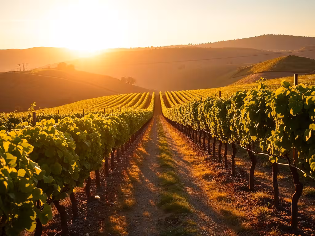 Paysage de vignobles de Bordeaux au coucher de soleil, illustrant le terroir viticole du département de la Gironde