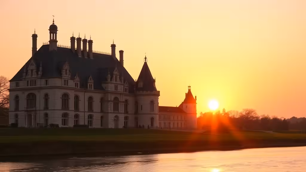 Château de Chambord au coucher de soleil, reflets dorés dans la rivière, architecture Renaissance majestueuse du Loir-et-Cher.