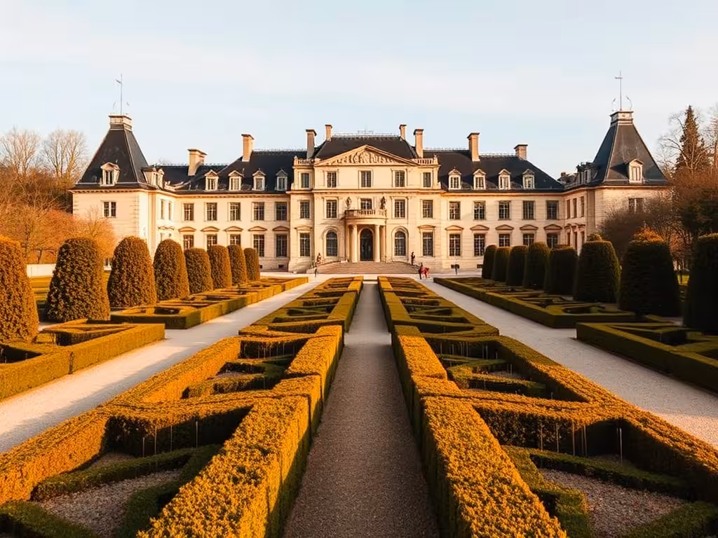 Château de Cheverny avec ses jardins à la française, lumière dorée de fin d'après-midi, Loir-et-Cher.