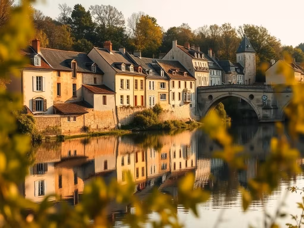 Petit village typique au bord du Loir, maisons en pierre ancienne, pont de pierre et rivière calme.