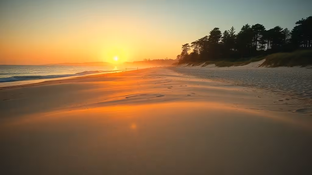 Plage de sable fin en Loire-Atlantique au coucher de soleil, pins maritimes, eaux turquoise calmes
