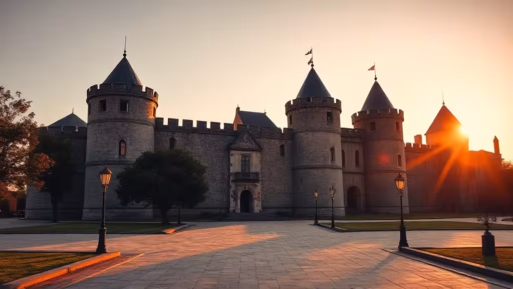 Château d'Angers fortifié en pierre grise sous lumière dorée du coucher de soleil, emblème du Maine-et-Loire.
