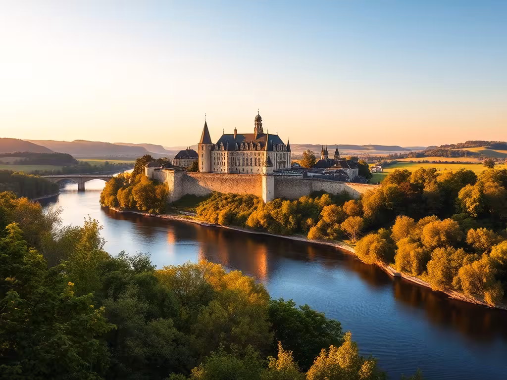 Château de Saumur dominant la Loire, vue panoramique emblématique des châteaux du Maine-et-Loire.