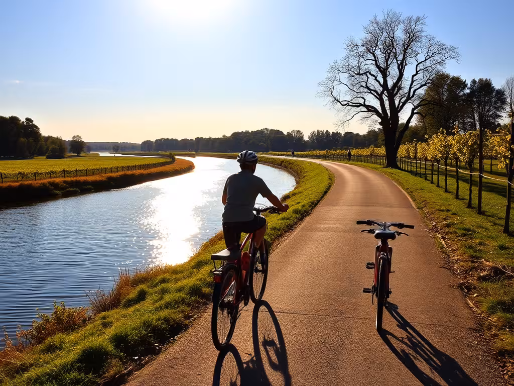 Piste Loire à Vélo bordée de vignobles et du fleuve Loire, escapade cycliste en Maine-et-Loire.