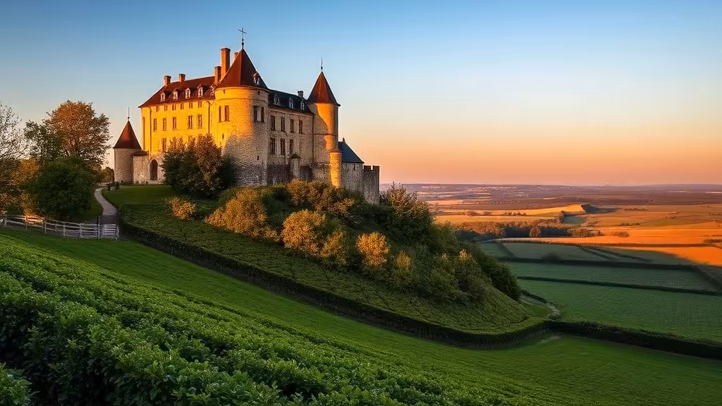 Château de Sainte-Suzanne dominant le bocage mayennais verdoyant en fin de journée