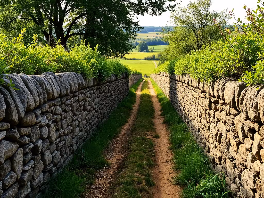 Sentier rural du bocage mayennais avec ses haies et murets de pierre
