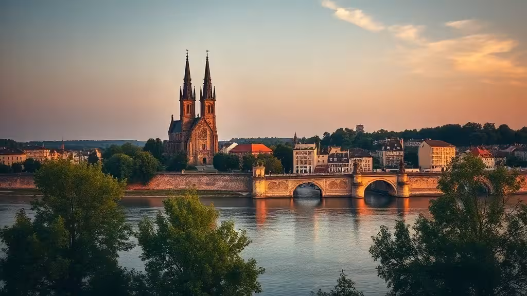 Vue de Metz et de sa cathédrale dans le département 57 au lever du jour