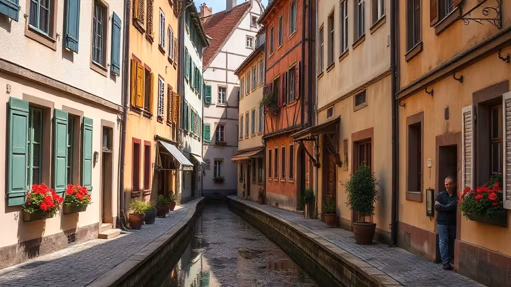 La Petite France à Strasbourg, maisons à colombages se reflétant dans le canal, patrimoine du Bas-Rhin