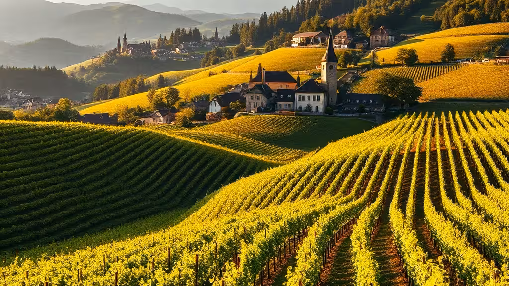 Vignobles du Haut-Rhin et villages alsaciens en lumière dorée