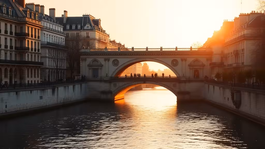 Vue dorée de la Seine à Paris, pont historique et immeubles parisiens classiques au coucher de soleil